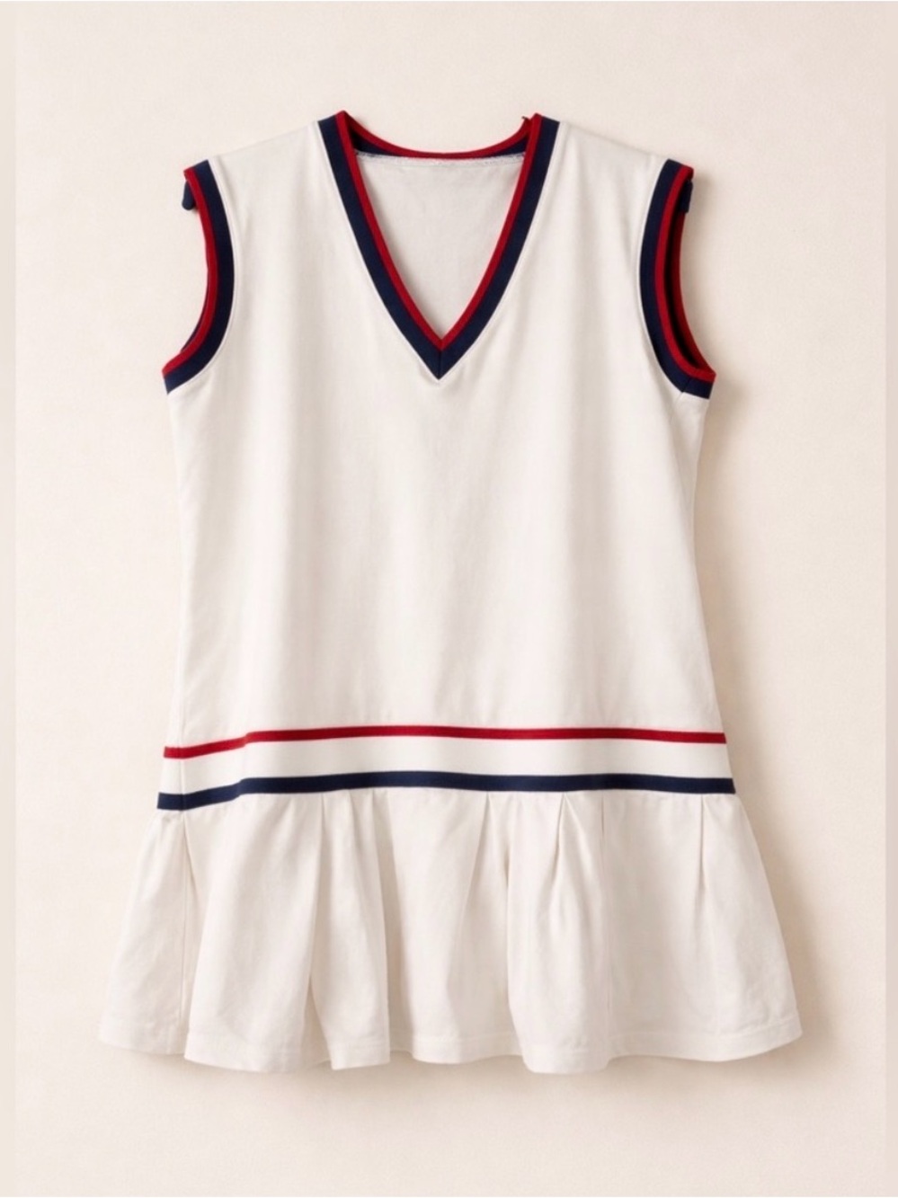 🎾 White Peplum Tennis-Inspired Sleeveless Top | Red & Navy Trim | Preppy Chic